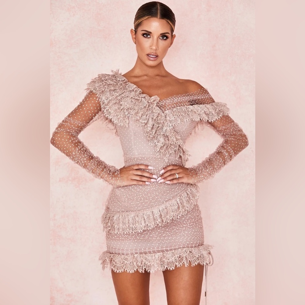 House of cb SORREL BLUSH LACE FRILL MINI DRESS